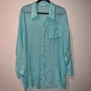 XXL Aqua Button Down Shirt Sheer Swim Coverup
